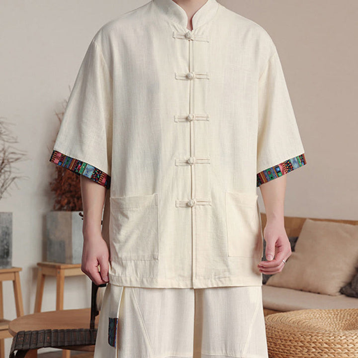 Buddha Stones 2-teiliges Patchwork-Hemd mit chinesischen Froschknöpfen, weite Hose, Meditationstuch-Set für Herren mit Taschen - image 7