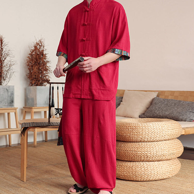Buddha Stones 2-teiliges Patchwork-Hemd mit chinesischen Froschknöpfen, weite Hose, Meditationstuch-Set für Herren mit Taschen - image 23