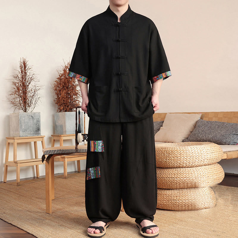 Buddha Stones 2-teiliges Patchwork-Hemd mit chinesischen Froschknöpfen, weite Hose, Meditationstuch-Set für Herren mit Taschen - Schwarz - US/ UK/AU46，EU56 (5XL) - image 9