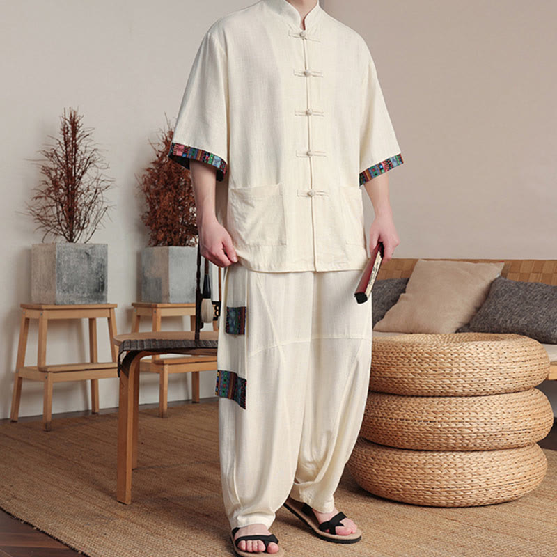 Buddha Stones 2-teiliges Patchwork-Hemd mit chinesischen Froschknöpfen, weite Hose, Meditationstuch-Set für Herren mit Taschen - image 4