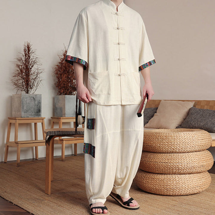 Buddha Stones 2-teiliges Patchwork-Hemd mit chinesischen Froschknöpfen, weite Hose, Meditationstuch-Set für Herren mit Taschen - image 4