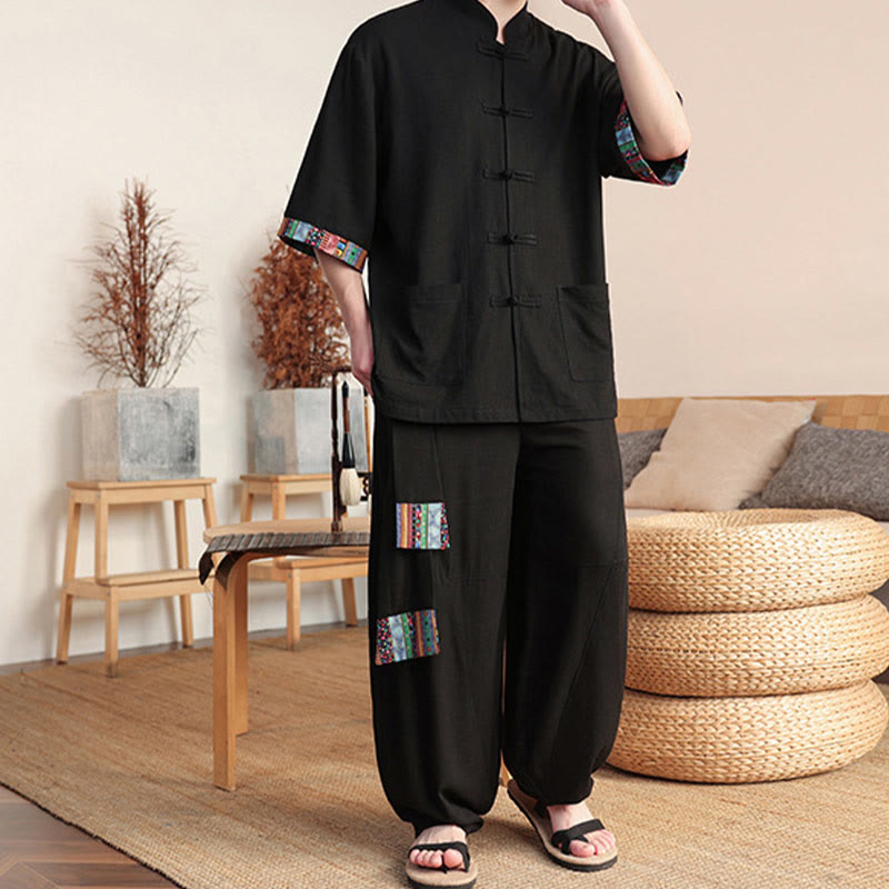 Buddha Stones 2-teiliges Patchwork-Hemd mit chinesischen Froschknöpfen, weite Hose, Meditationstuch-Set für Herren mit Taschen - image 11