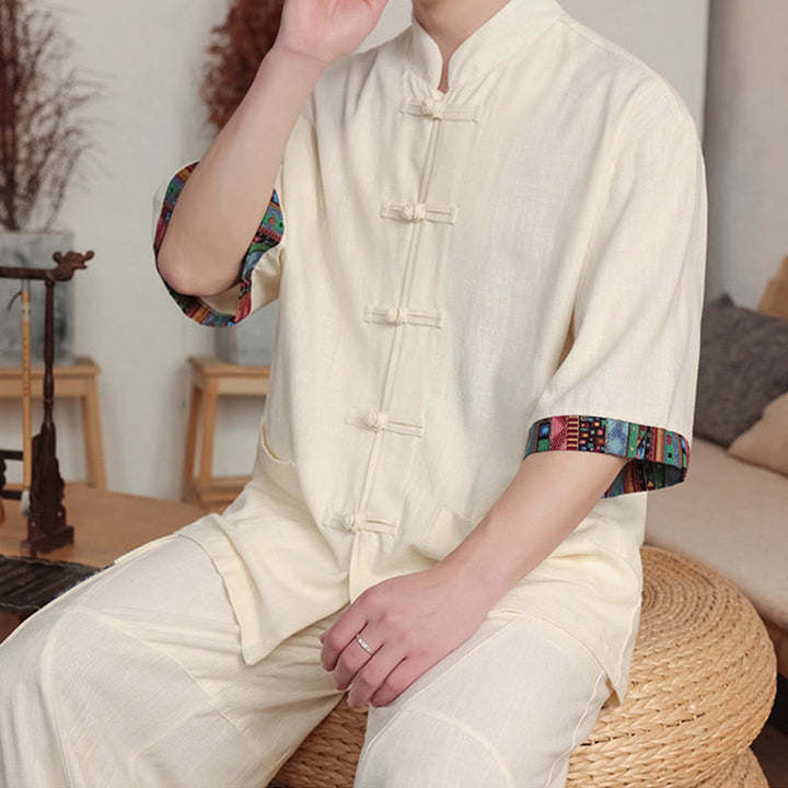 Buddha Stones 2-teiliges Patchwork-Hemd mit chinesischen Froschknöpfen, weite Hose, Meditationstuch-Set für Herren mit Taschen - image 8