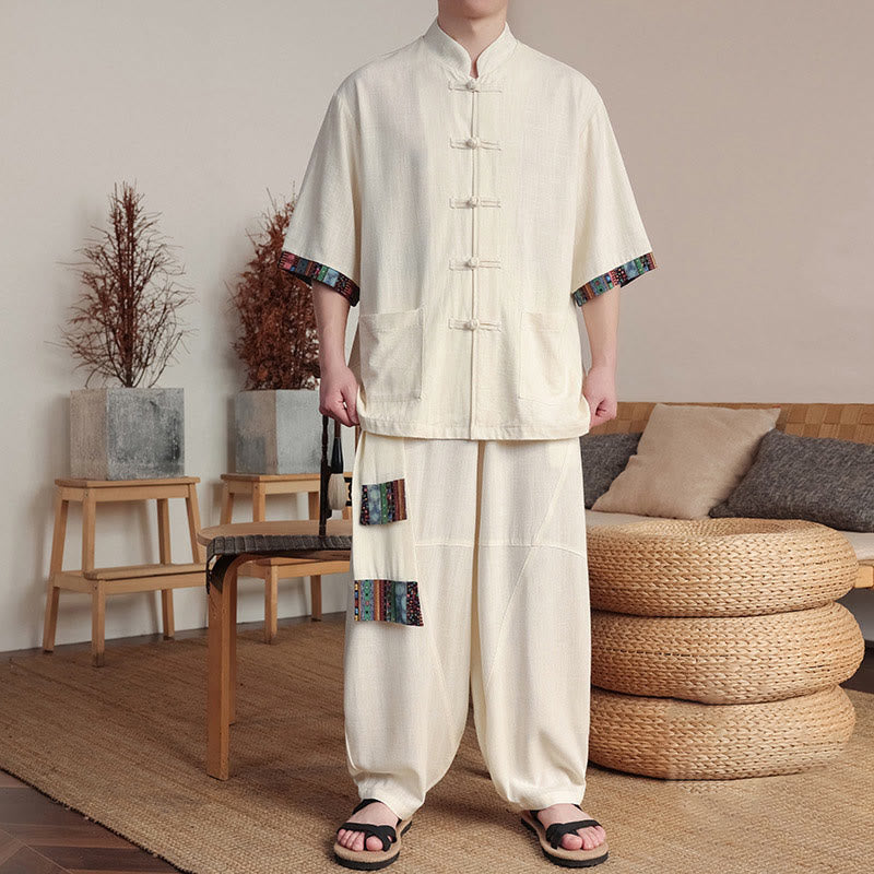 Buddha Stones 2-teiliges Patchwork-Hemd mit chinesischen Froschknöpfen, weite Hose, Meditationstuch-Set für Herren mit Taschen - Beige - US/ UK/AU46，EU56 (5XL) - image 0