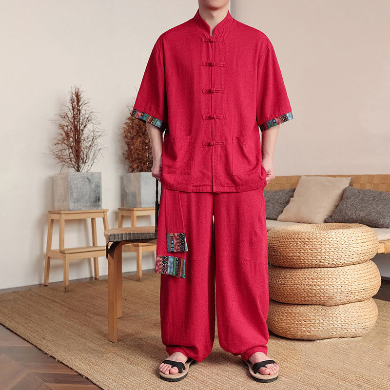 Buddha Stones 2-teiliges Patchwork-Hemd mit chinesischen Froschknöpfen, weite Hose, Meditationstuch-Set für Herren mit Taschen - Purpur - US/ UK/AU46，EU56 (5XL) - image 19