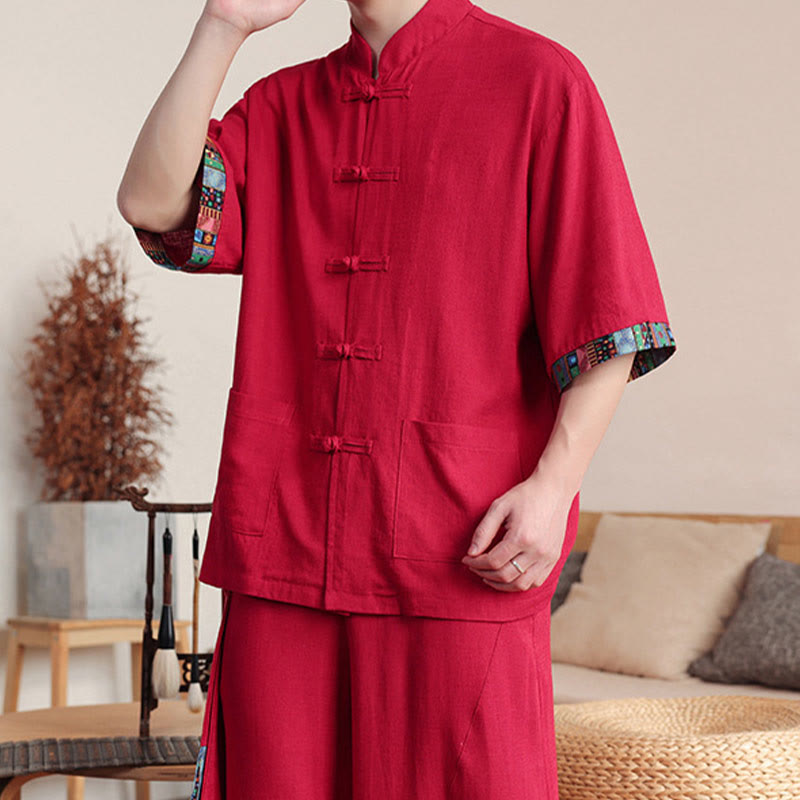 Buddha Stones 2-teiliges Patchwork-Hemd mit chinesischen Froschknöpfen, weite Hose, Meditationstuch-Set für Herren mit Taschen - image 26