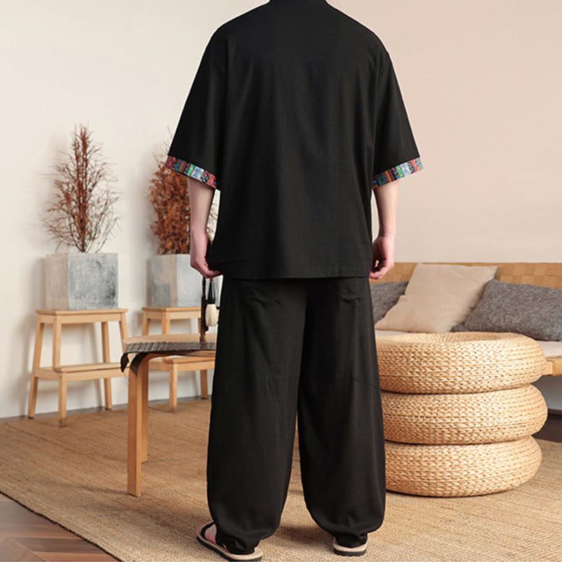 Buddha Stones 2-teiliges Patchwork-Hemd mit chinesischen Froschknöpfen, weite Hose, Meditationstuch-Set für Herren mit Taschen - image 12