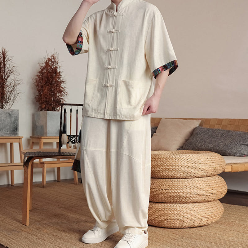 Buddha Stones 2-teiliges Patchwork-Hemd mit chinesischen Froschknöpfen, weite Hose, Meditationstuch-Set für Herren mit Taschen - image 5