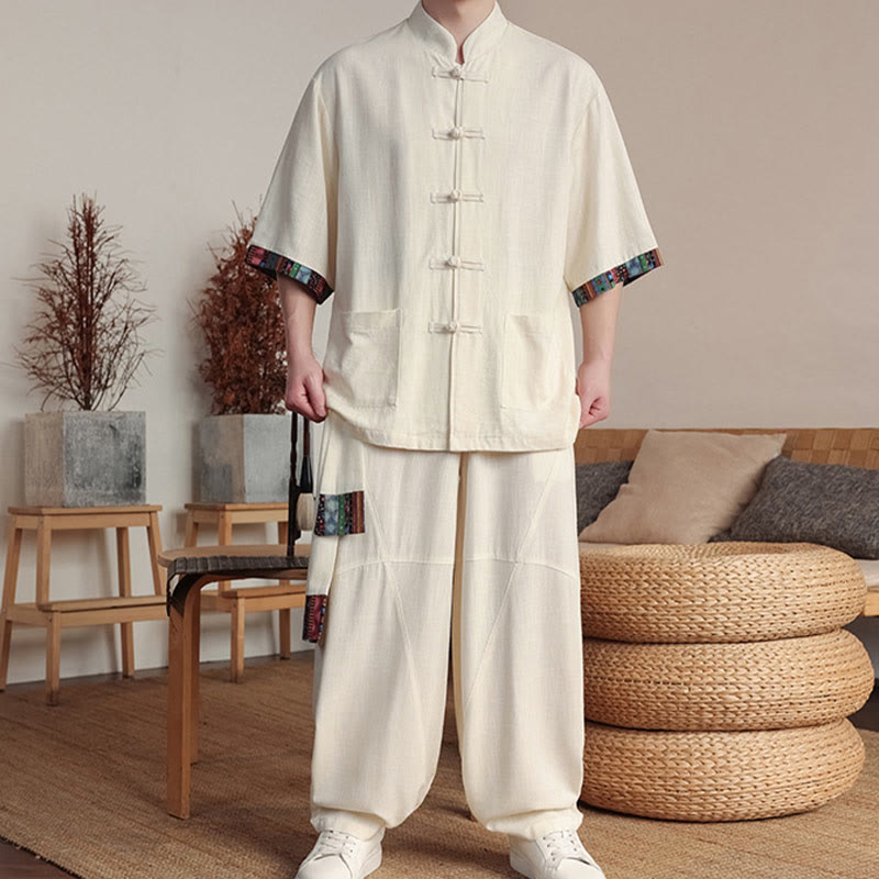 Buddha Stones 2-teiliges Patchwork-Hemd mit chinesischen Froschknöpfen, weite Hose, Meditationstuch-Set für Herren mit Taschen - image 6