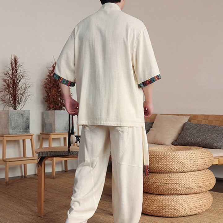 Buddha Stones 2-teiliges Patchwork-Hemd mit chinesischen Froschknöpfen, weite Hose, Meditationstuch-Set für Herren mit Taschen - image 3