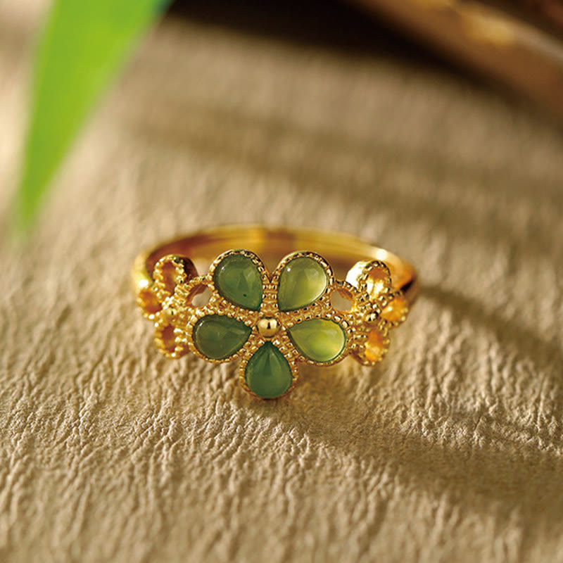 Buddha Stones Natürlicher Hetian Jade 925 Sterling Silber Vergoldeter Blumen-Verstellbarer Wohlstandsring - Hetian-Jade - image 0