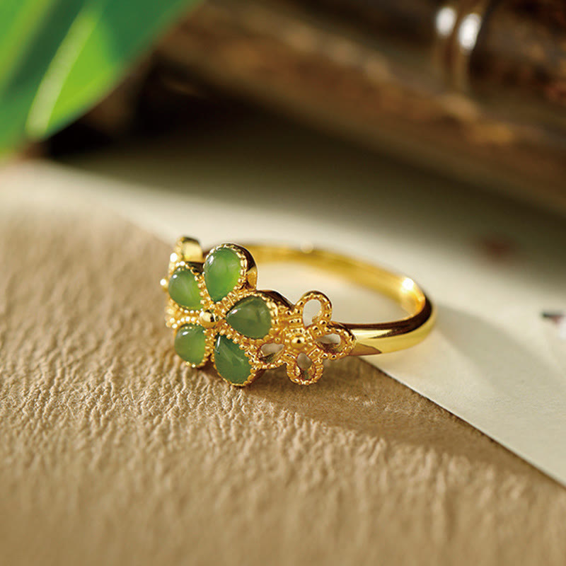 Buddha Stones Natürlicher Hetian Jade 925 Sterling Silber Vergoldeter Blumen-Verstellbarer Wohlstandsring - image 2