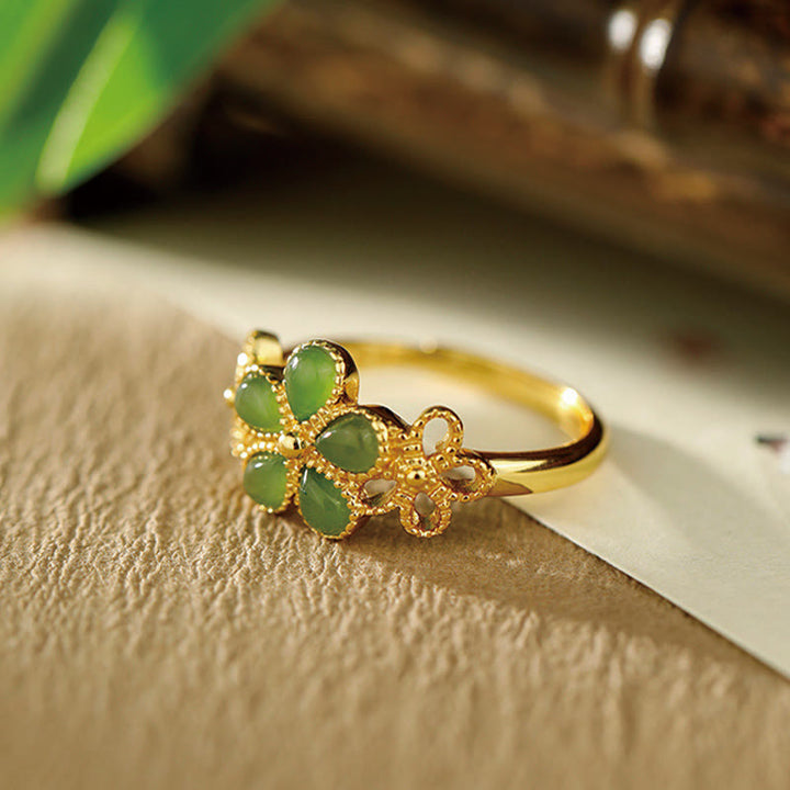 Buddha Stones Natürlicher Hetian Jade 925 Sterling Silber Vergoldeter Blumen-Verstellbarer Wohlstandsring - image 2