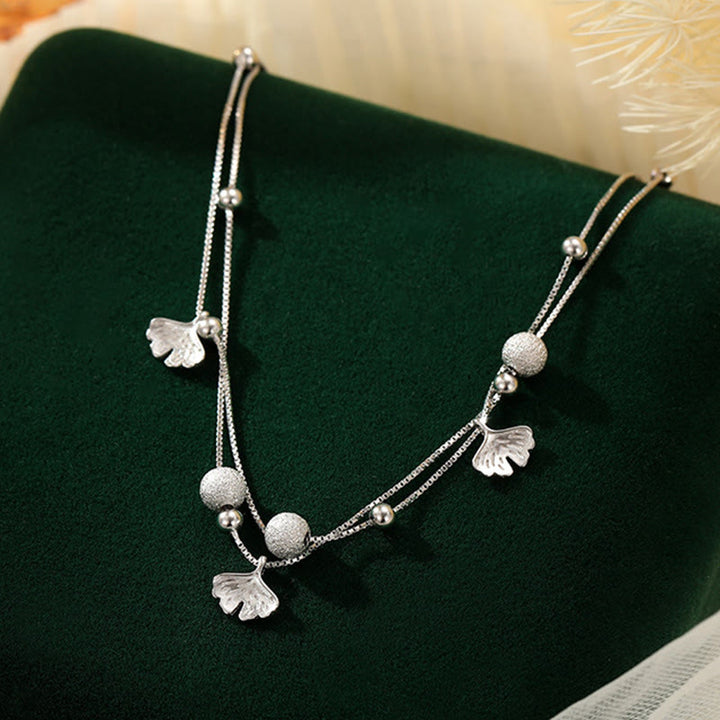 Buddha Stones Fußkettchen aus 925er Sterlingsilber mit Ginkgoblatt, doppellagig, Schutz