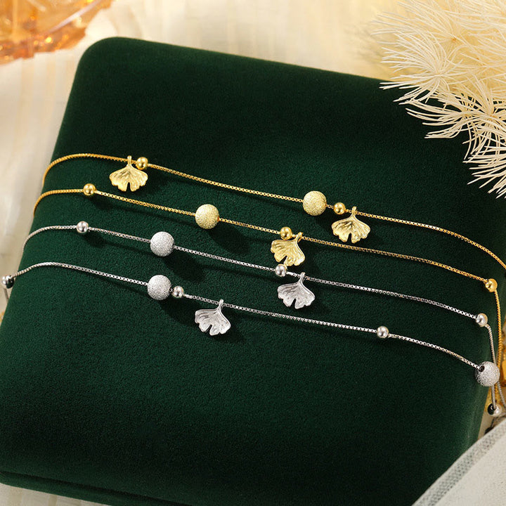 Buddha Stones Fußkettchen aus 925er Sterlingsilber mit Ginkgoblatt, doppellagig, Schutz