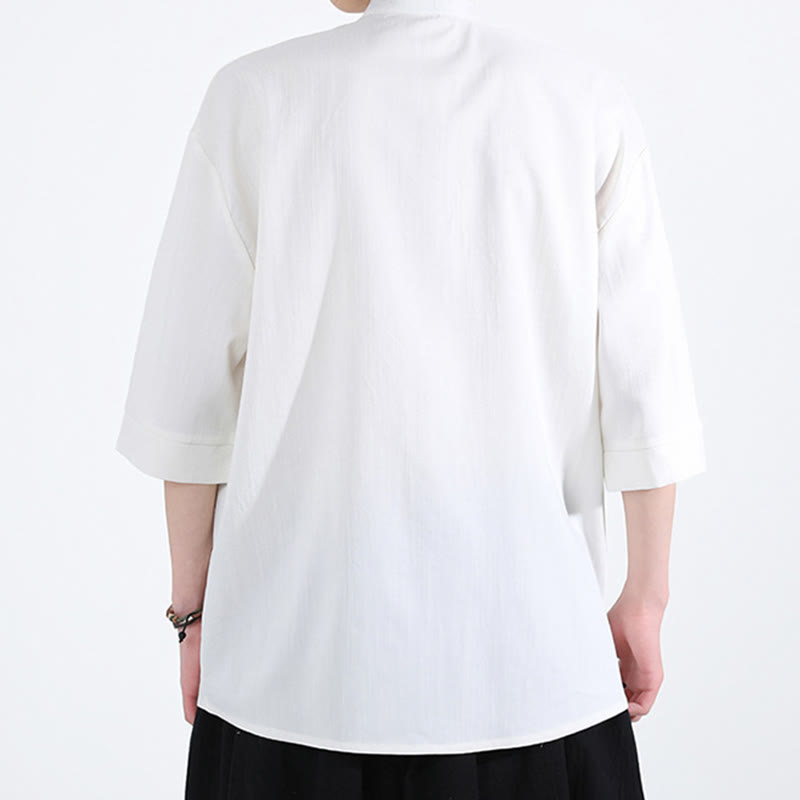 Buddha Stones Reine Farbe Frosch-Knopf Halbarm Leinen Herrenhemd - image 2