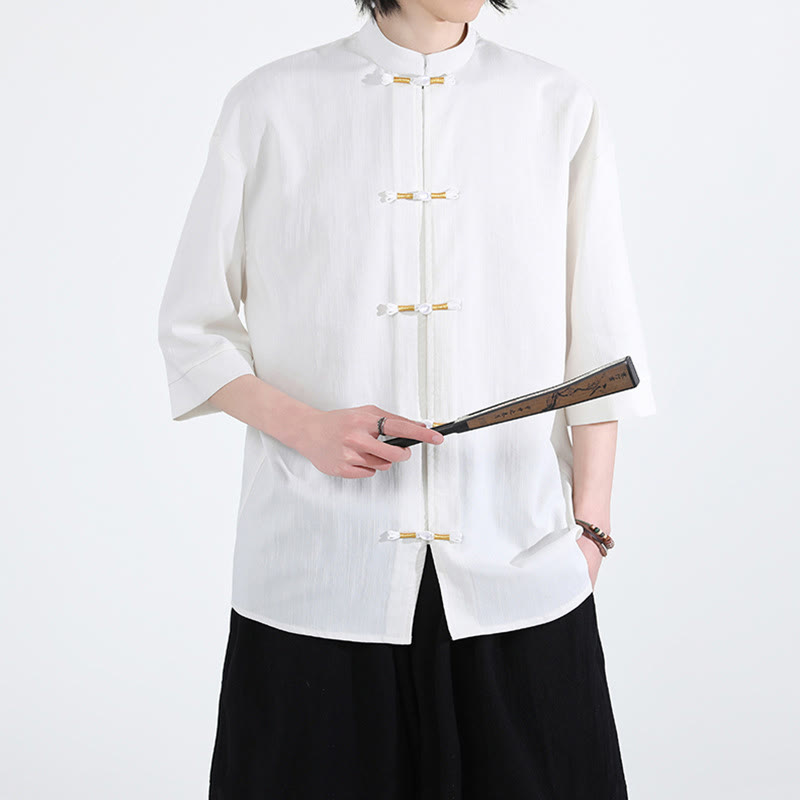 Buddha Stones Reine Farbe Frosch-Knopf Halbarm Leinen Herrenhemd - image 4