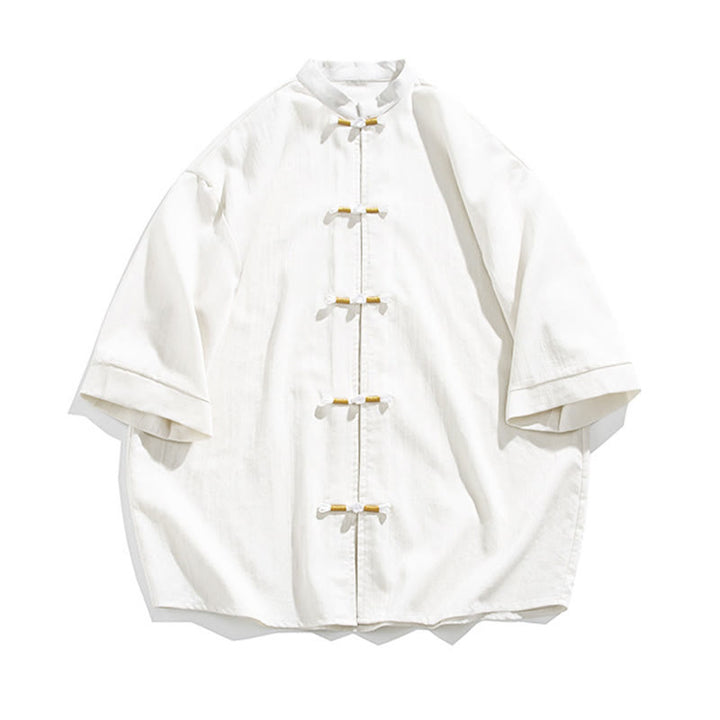 Buddha Stones Reine Farbe Frosch-Knopf Halbarm Leinen Herrenhemd - image 7