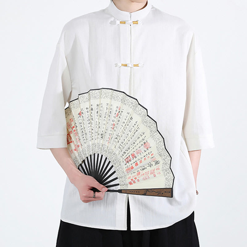 Buddha Stones Reine Farbe Frosch-Knopf Halbarm Leinen Herrenhemd - image 3