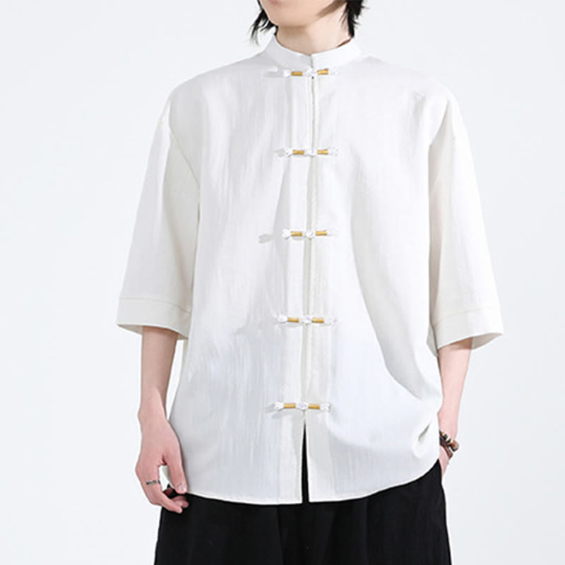 Buddha Stones Reine Farbe Frosch-Knopf Halbarm Leinen Herrenhemd - image 5