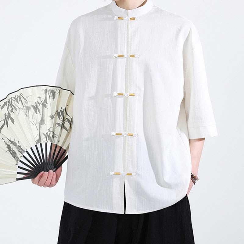 Buddha Stones Reine Farbe Frosch-Knopf Halbarm Leinen Herrenhemd - image 1