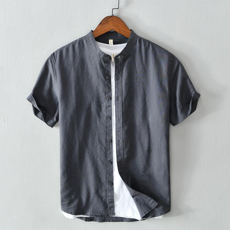 Buddha Stones Herrenhemd im schlichten Stil mit kurzen Ärmeln und Knopfleiste aus Baumwolle und Leinen - DunkelSchiefergrau - US/ UK/AU44，EU54 (4XL) - image 17