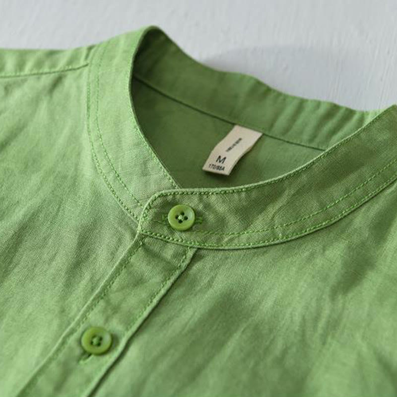 Buddha Stones Herrenhemd im schlichten Stil mit kurzen Ärmeln und Knopfleiste aus Baumwolle und Leinen - image 3