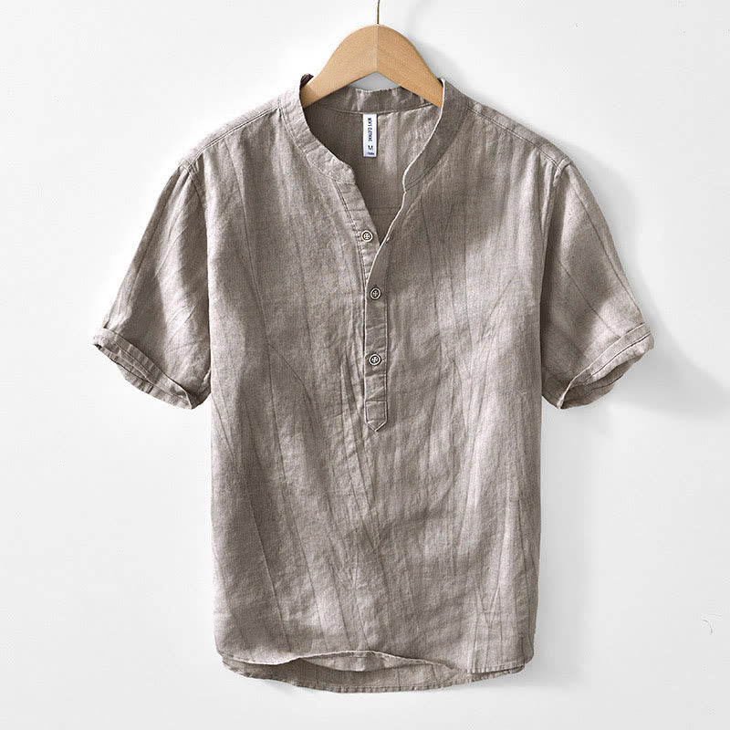 Buddha Stones Herrenhemd mit halben Knöpfen und V-Ausschnitt, kurzärmlig, Ramie-Baumwolle - DunkelKhaki - US/ UK/AU44，EU54 (4XL) - image 7