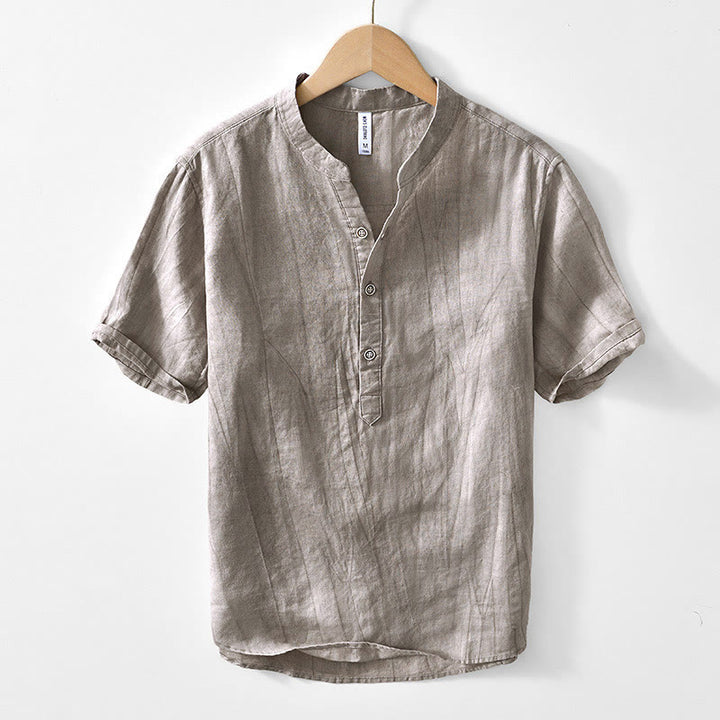 Buddha Stones Herrenhemd mit halben Knöpfen und V-Ausschnitt, kurzärmlig, Ramie-Baumwolle - DunkelKhaki - US/ UK/AU44，EU54 (4XL) - image 7
