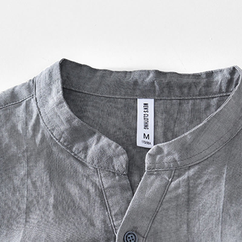 Buddha Stones Herrenhemd mit halben Knöpfen und V-Ausschnitt, kurzärmlig, Ramie-Baumwolle - image 2