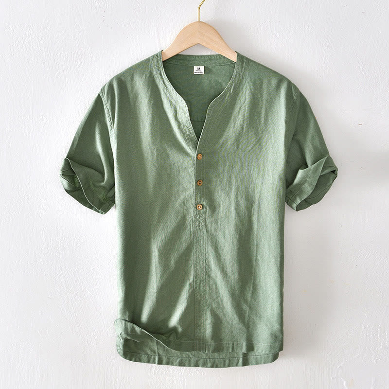 Buddha Stones Sommerhemd mit Stehkragen, kurzen Ärmeln und halber Knopfleiste aus Baumwoll-Leinen-Mischgewebe für Herren - SeaGreen - US/ UK/AU42, EU52 (3XL) - image 0