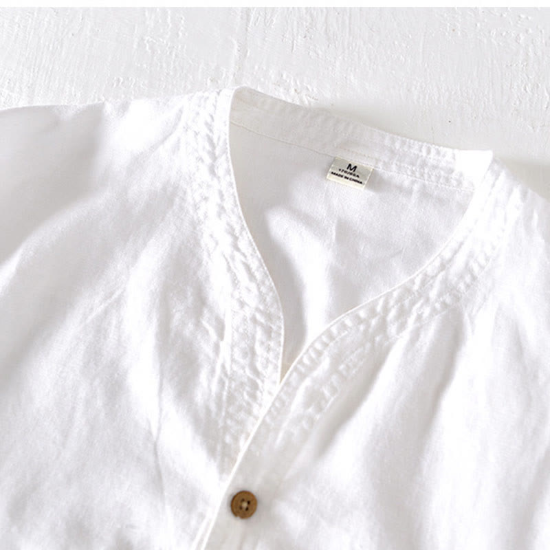 Buddha Stones Sommer-Herrenhemd mit Stehkragen und kurzen Ärmeln aus Baumwolle und Leinen mit halben Knöpfen - image 8