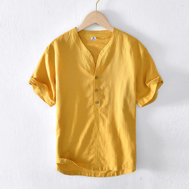 Buddha Stones Sommer-Herrenhemd mit Stehkragen und kurzen Ärmeln aus Baumwolle und Leinen mit halben Knöpfen - Gold - US/ UK/AU42，EU52 (3XL) - image 13