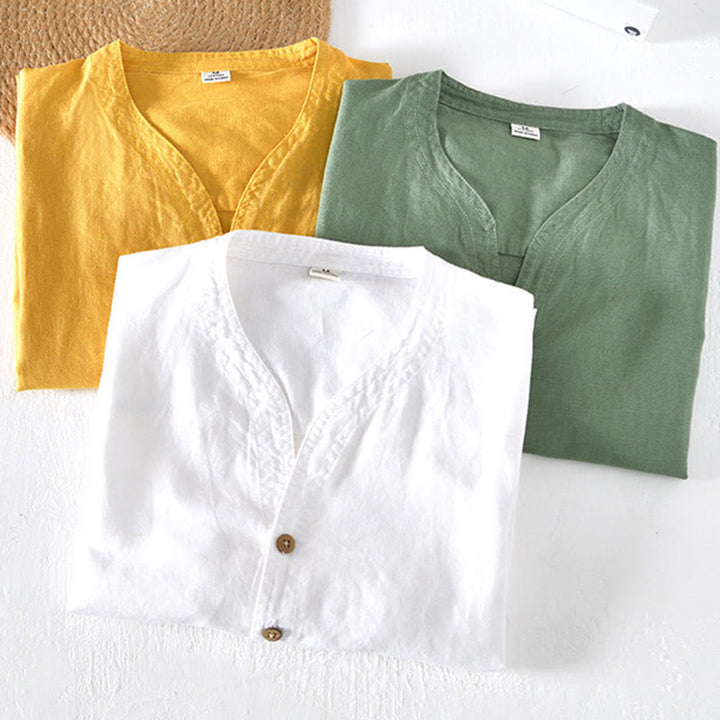 Buddha Stones Sommer-Herrenhemd mit Stehkragen und kurzen Ärmeln aus Baumwolle und Leinen mit halben Knöpfen - image 19