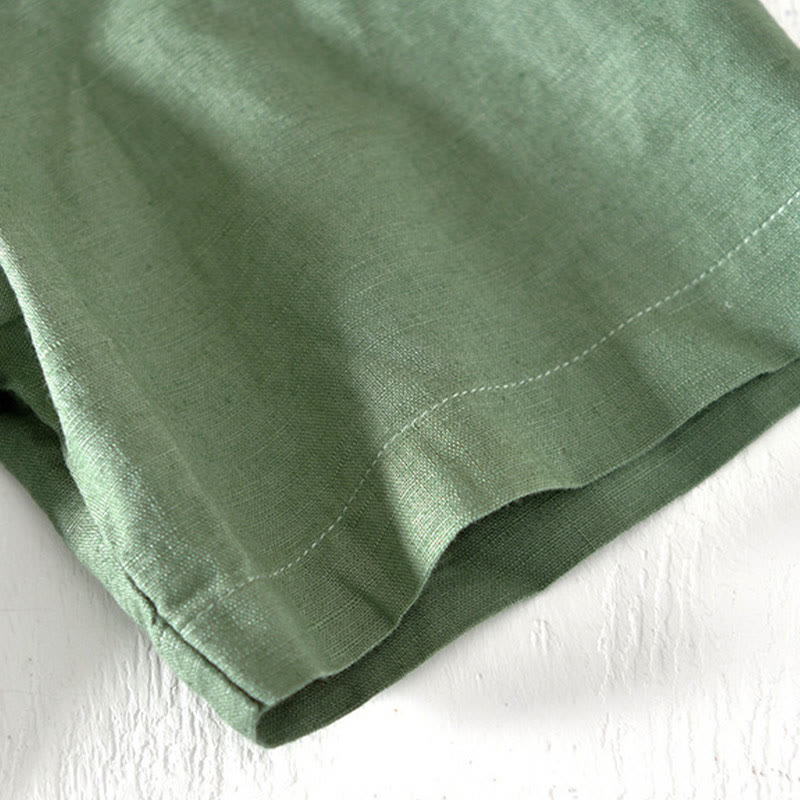 Buddha Stones Sommer-Herrenhemd mit Stehkragen und kurzen Ärmeln aus Baumwolle und Leinen mit halben Knöpfen - image 4