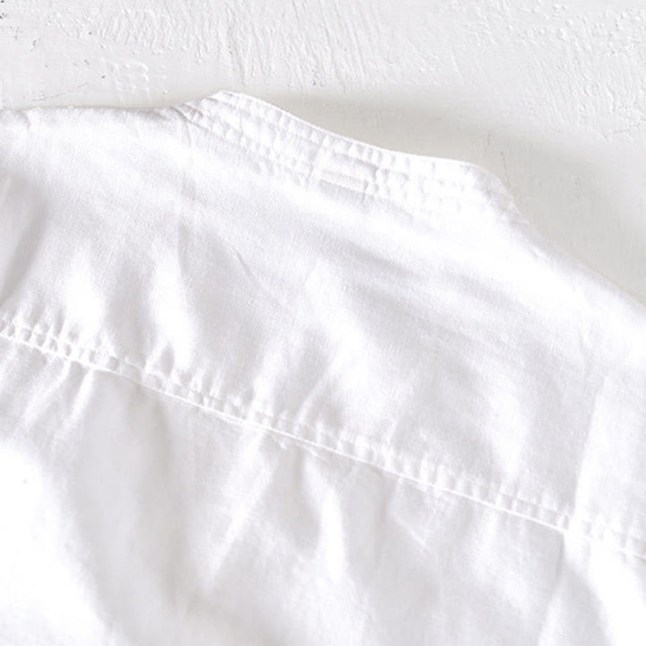 Buddha Stones Sommer-Herrenhemd mit Stehkragen und kurzen Ärmeln aus Baumwolle und Leinen mit halben Knöpfen - image 9