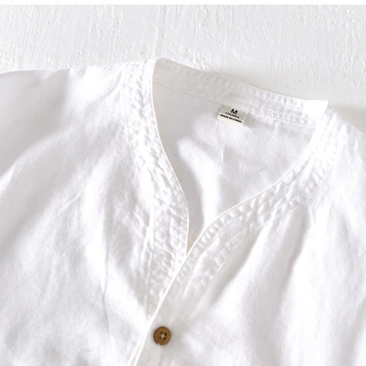 Buddha Stones Sommer-Herrenhemd mit Stehkragen und kurzen Ärmeln aus Baumwolle und Leinen mit halben Knöpfen - image 8