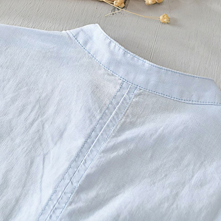 Buddha Stones Herrenhemd mit lässigem, schlichtem Design, kurzärmelig, aus Baumwolle und Leinen, mit halben Knöpfen - image 12