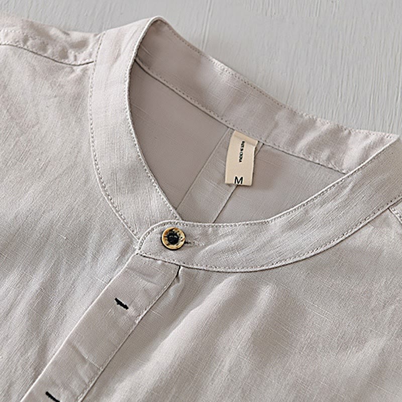 Buddha Stones Herrenhemd mit lässigem, schlichtem Design, kurzärmelig, aus Baumwolle und Leinen, mit halben Knöpfen - image 1