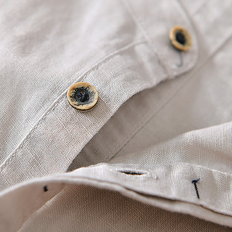 Buddha Stones Herrenhemd mit lässigem, schlichtem Design, kurzärmelig, aus Baumwolle und Leinen, mit halben Knöpfen - image 3