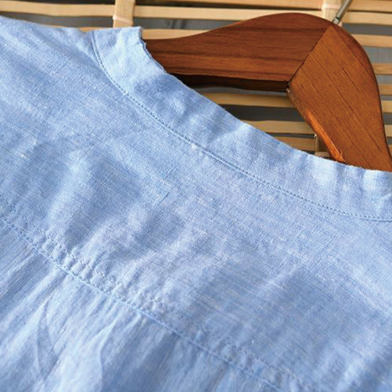 Buddha Stones Daily Einfarbiges Stehkragen Halbarm Leinen Halbknopf Herrenhemd - image 14