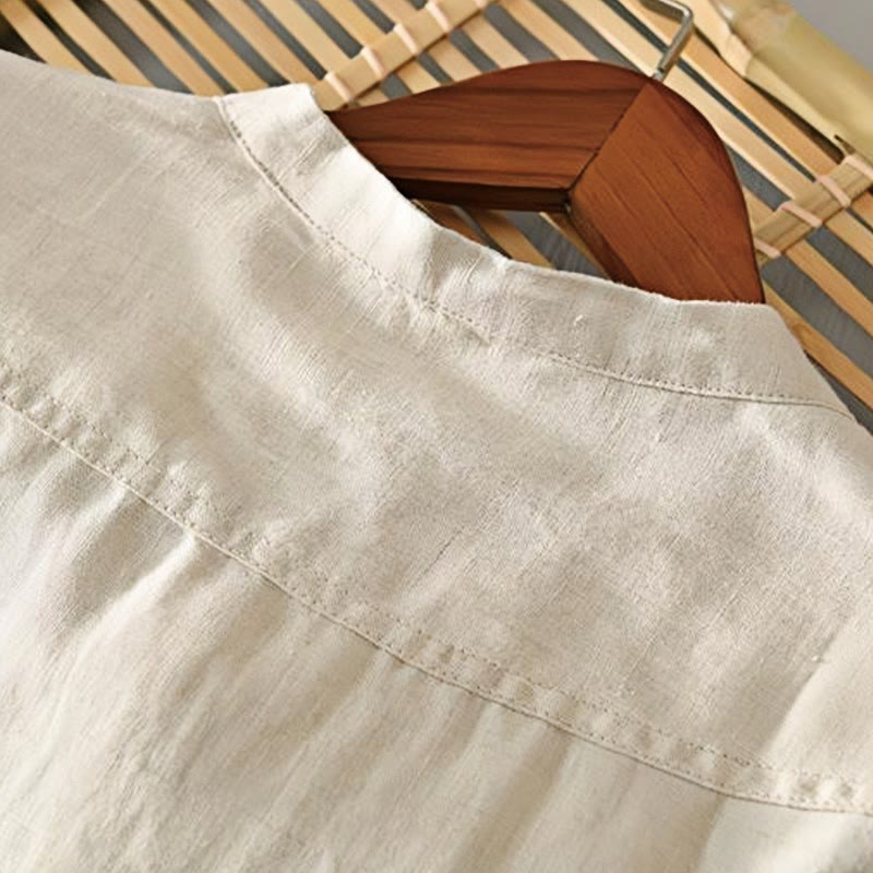 Buddha Stones Daily Einfarbiges Stehkragen Halbarm Leinen Halbknopf Herrenhemd - image 1