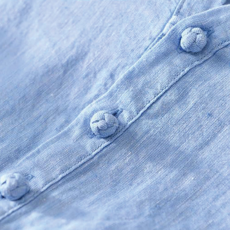 Buddha Stones Daily Einfarbiges Stehkragen Halbarm Leinen Halbknopf Herrenhemd - image 15