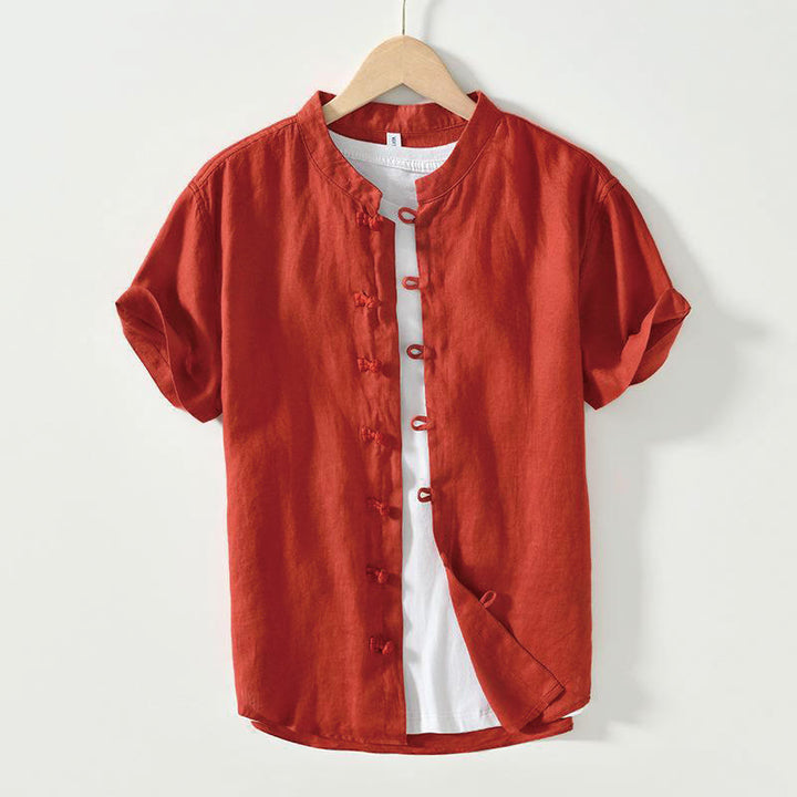 Buddha Stones Daily Herrenhemd aus Leinen mit Froschknöpfen und Stehkragen, kurzärmlig - Rot - US/ UK/AU42，EU52 (3XL) - image 24