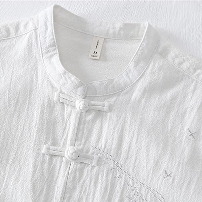 Buddha Stones Froschknopf Mandarin Kragen Stickerei Baumwolle Leinen Kurzarm Herrenhemd - image 12