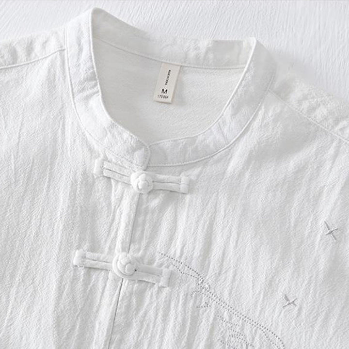 Buddha Stones Froschknopf Mandarin Kragen Stickerei Baumwolle Leinen Kurzarm Herrenhemd - image 12