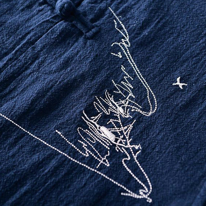 Buddha Stones Froschknopf Mandarin Kragen Stickerei Baumwolle Leinen Kurzarm Herrenhemd - image 3