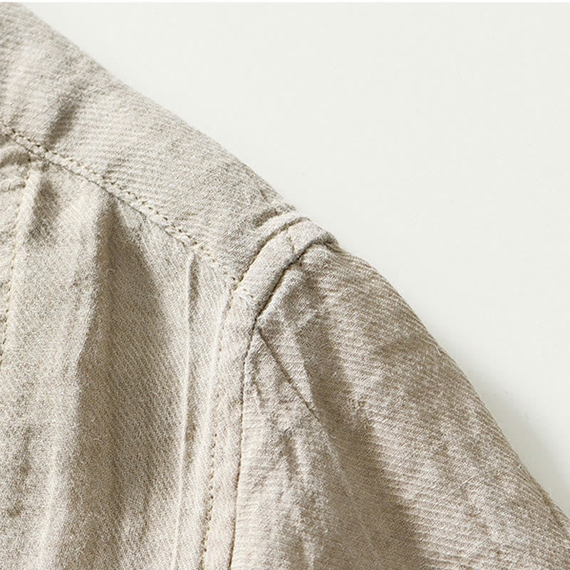 Buddha Stones Herrenhemd mit halblangem Knopf und schlichtem Revers aus Ramie-Leinen - image 3