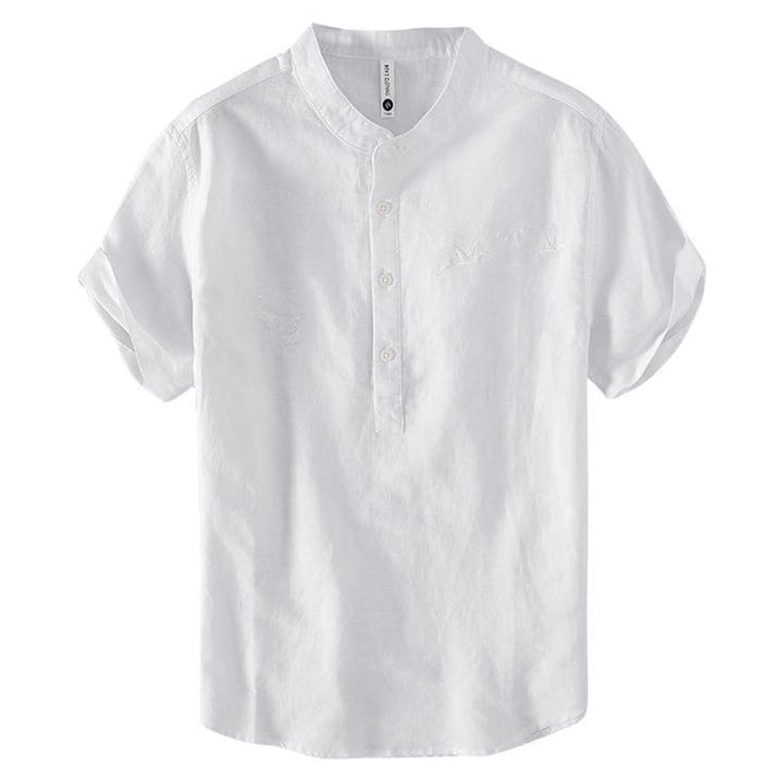 Buddha Stones Soft Stickerei Kranichmuster Stehkragen Baumwolle Leinen Halbknopf Herrenhemd - image 8