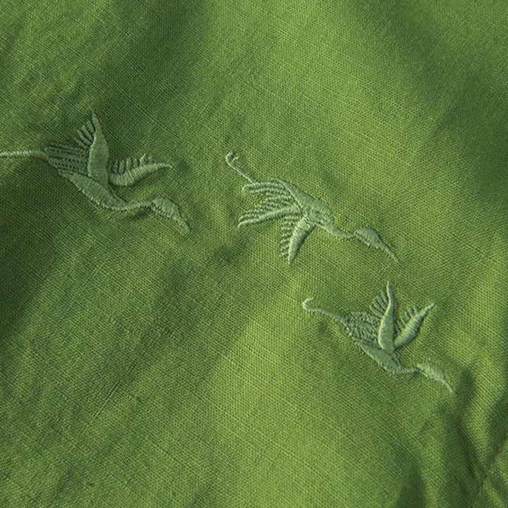 Buddha Stones Soft Stickerei Kranichmuster Stehkragen Baumwolle Leinen Halbknopf Herrenhemd - image 13